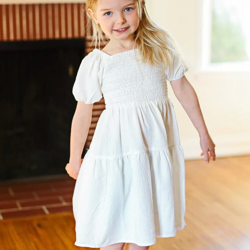Size Medium (6) Ivory Smocked Bubble Sleeve Tiered Dress NWT